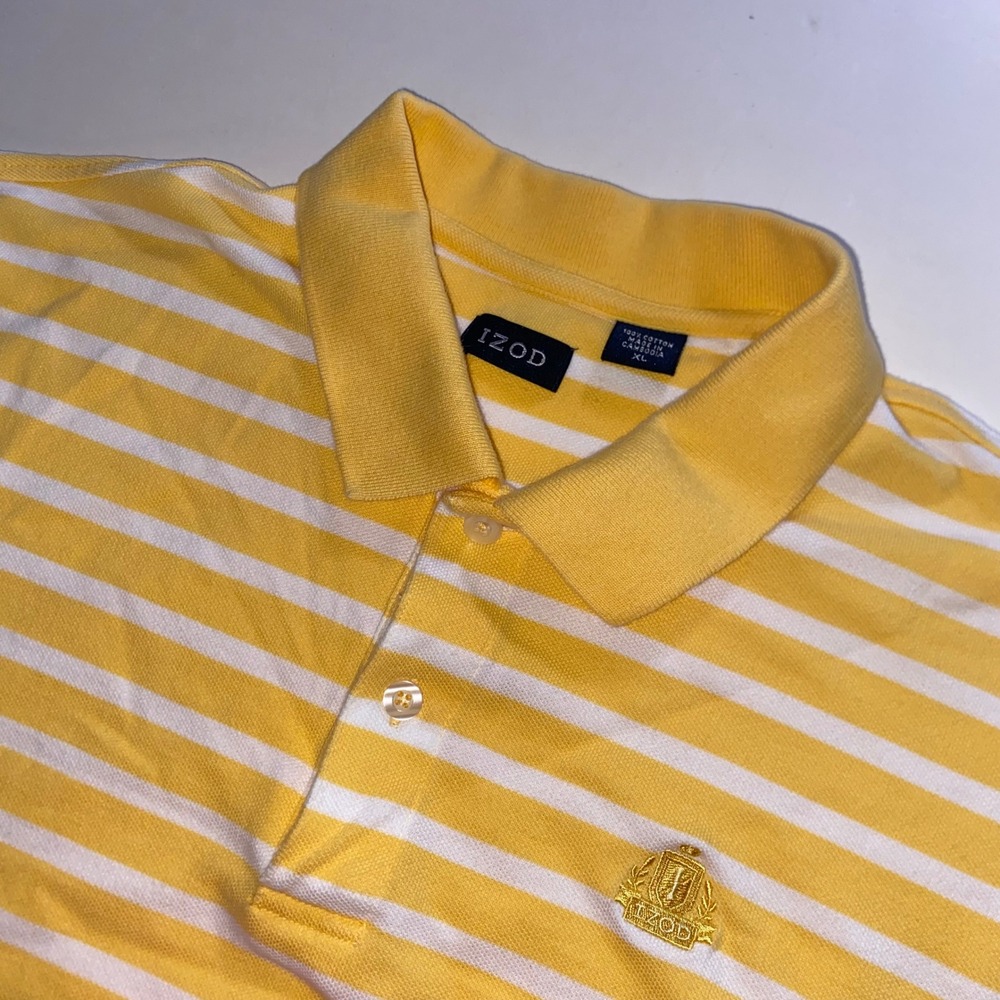 IZOD Mens XL Yellow White Striped Short Sleeve Cotton Pique Polo Shirt Logo